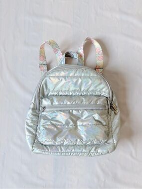 Top Trenz Iridescent Puffer Mini Backpack shiny silver finish colorful straps